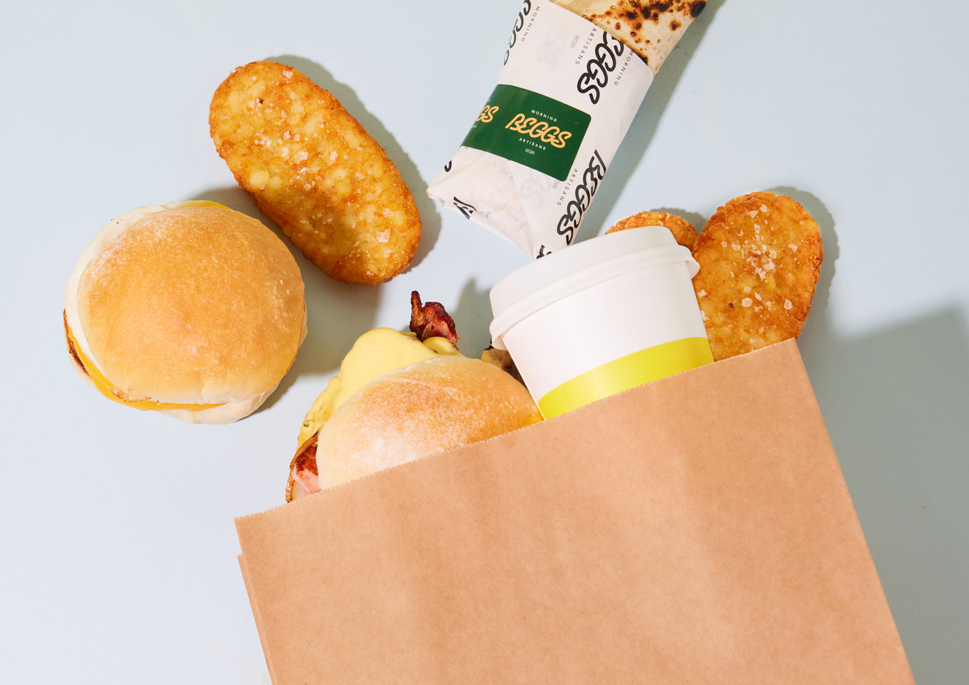 Beggs breakfast rolls, hash browns and coffee